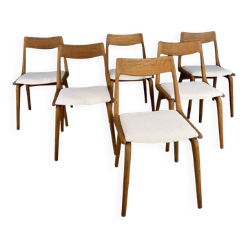 Alfred Christensen Danish oak "Boomerang" chairs set of 6 boucle fabric