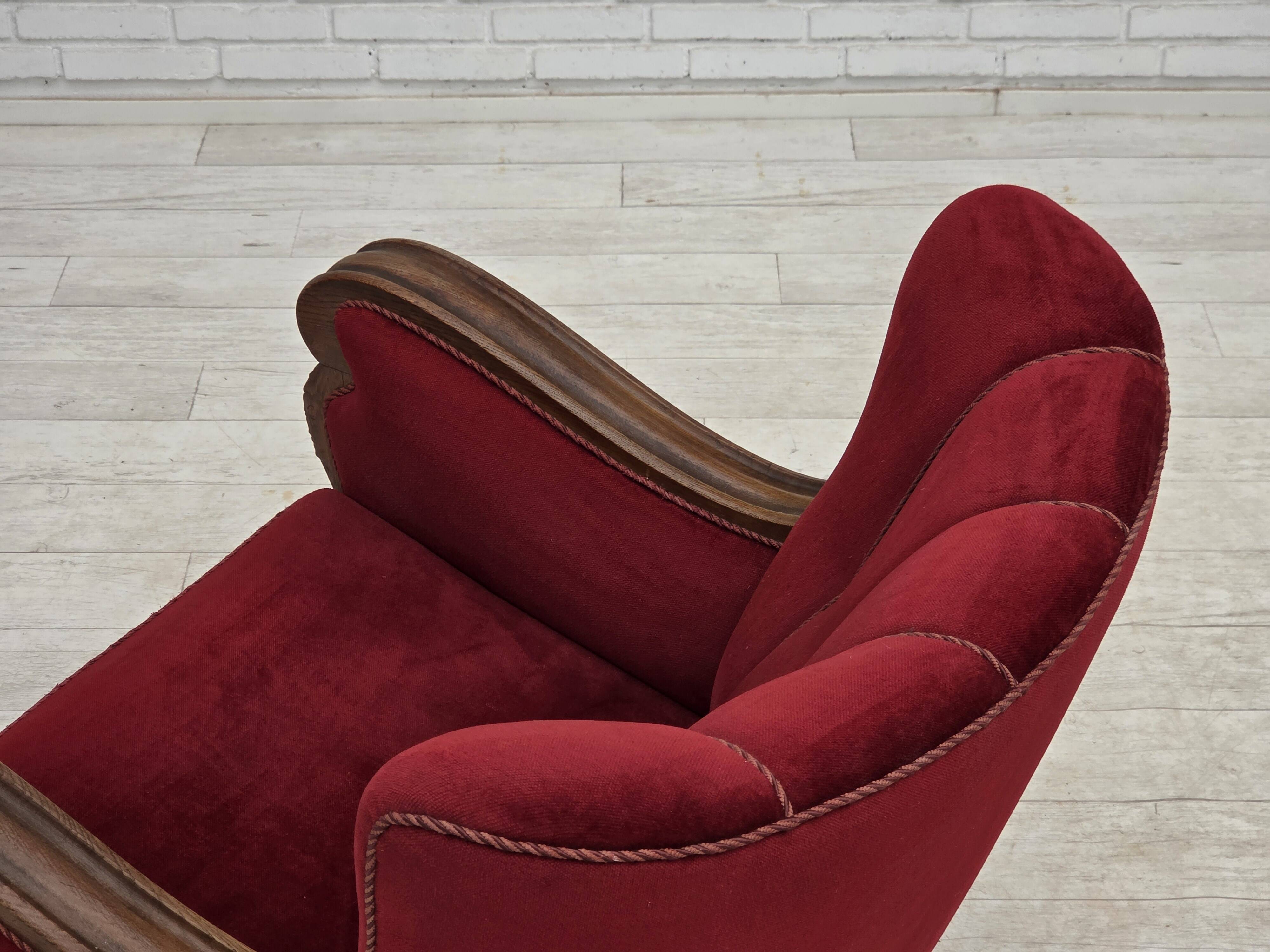 1950s, Danish relax armchair, furniture velour, carved oak wood.