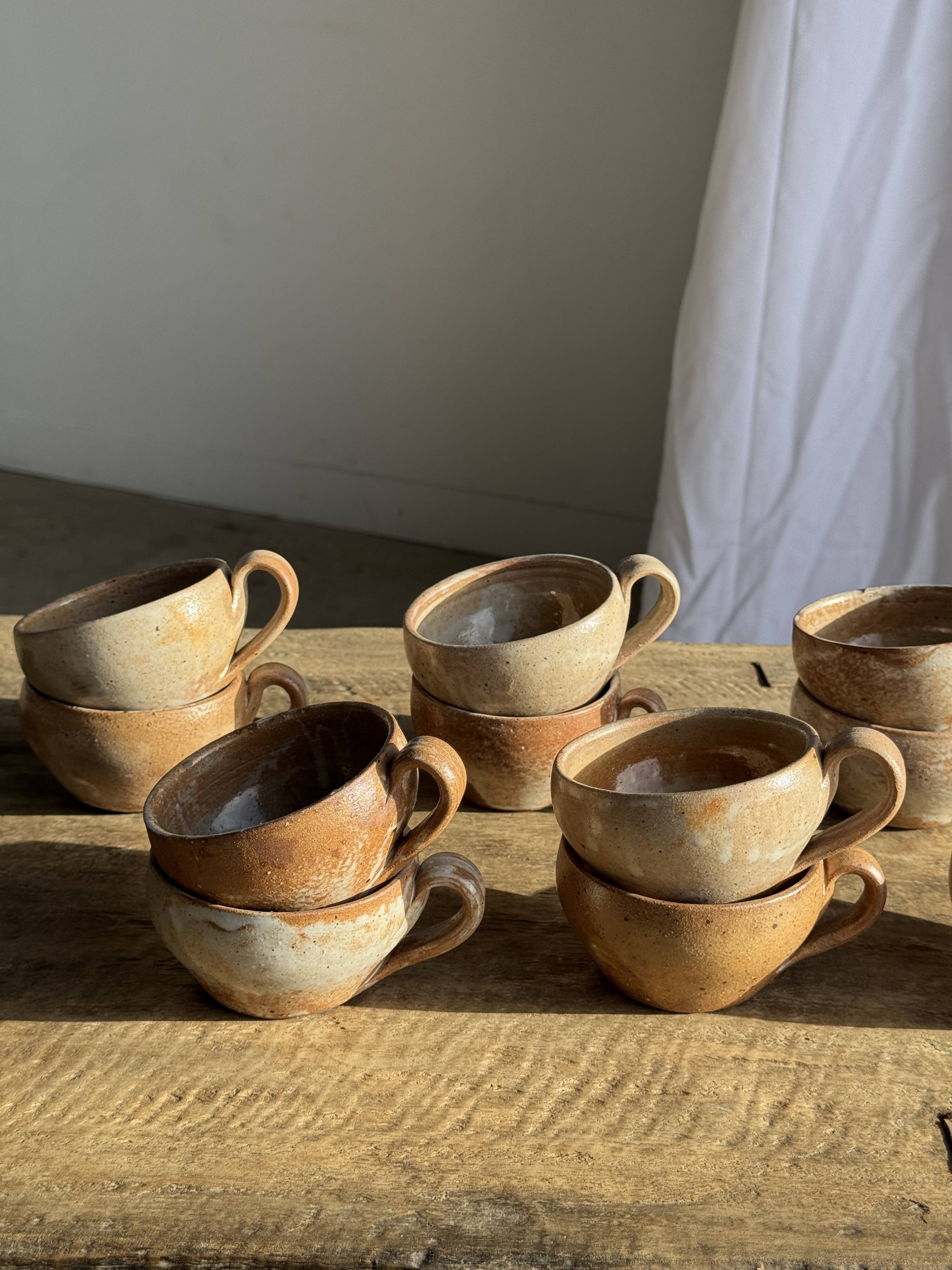 Set of 11 vintage coffee cups, raw matte stoneware H11