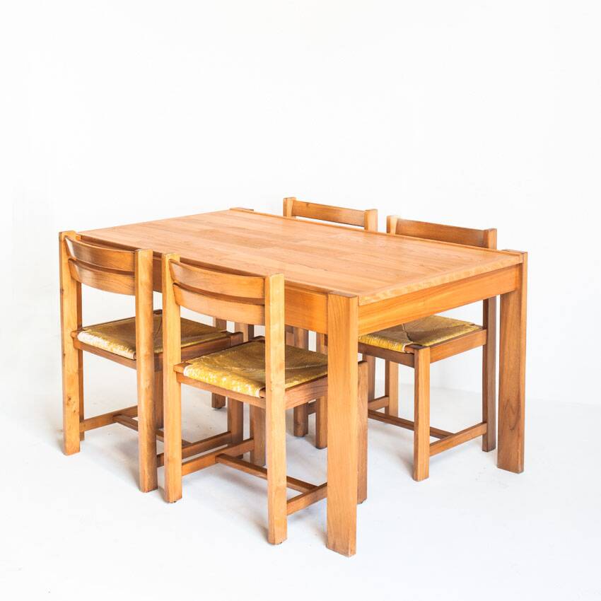 Extendable table and 4 chairs set with a rationalist design in solid elm wood. France, 70's