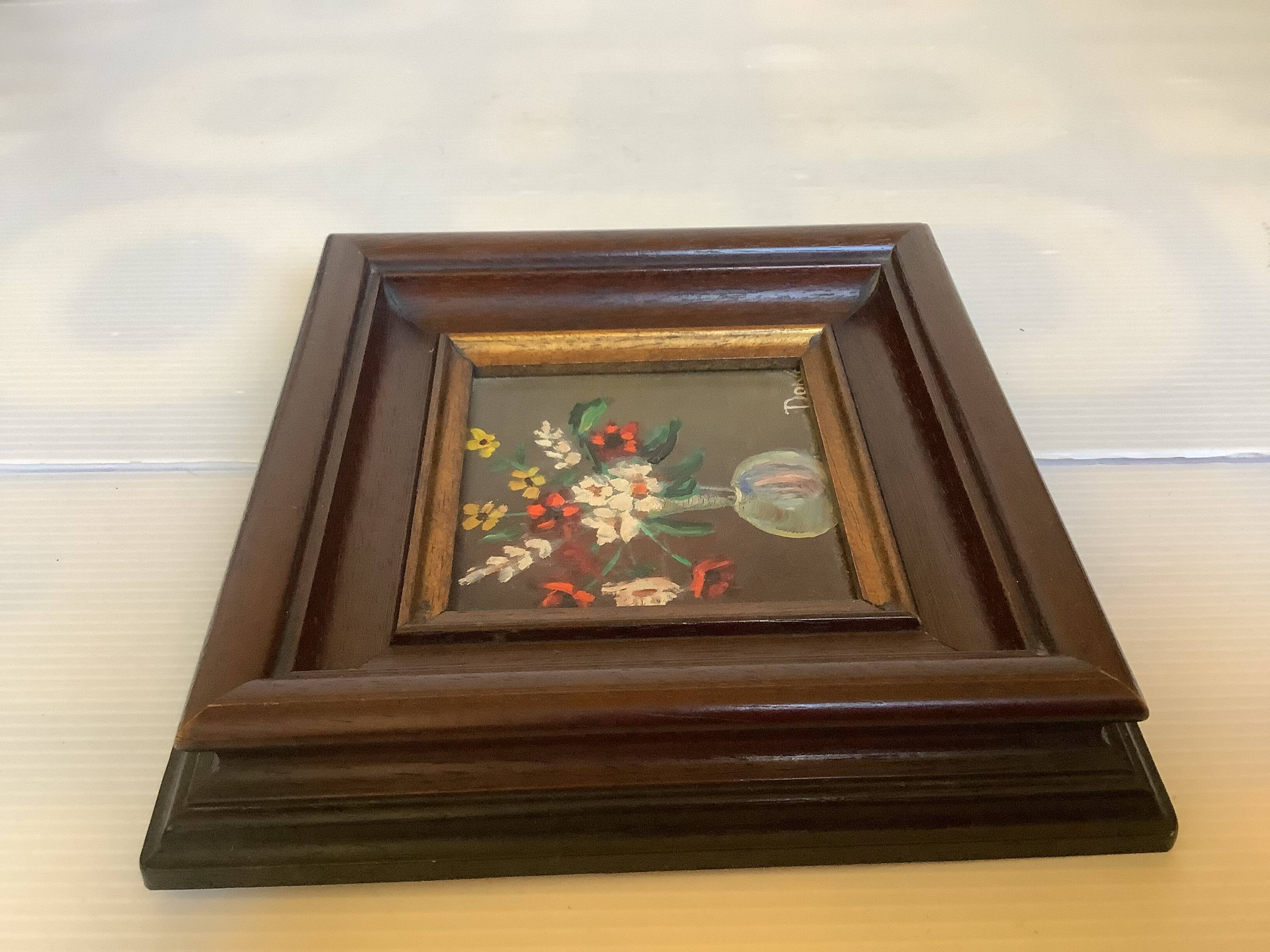 Small painting bouquet of flowers oil on panel signed