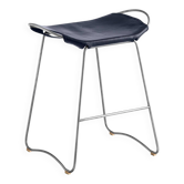 Contemporary kitchen stool in silver-plated steel and navy blue leather.