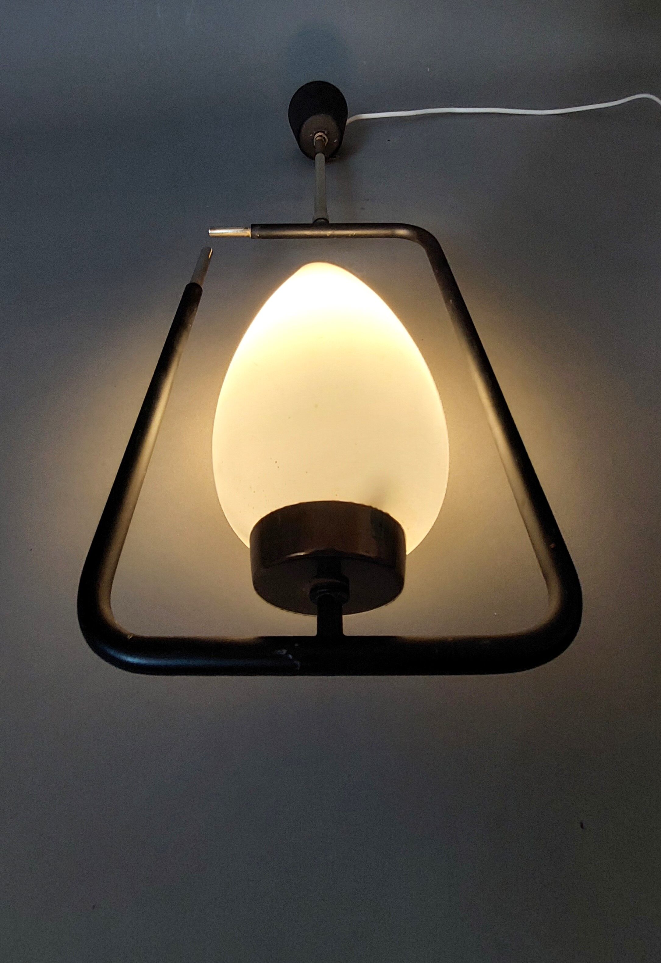 Maison Lunel pendant lamp in black metal, gilded brass and opaline 1960.