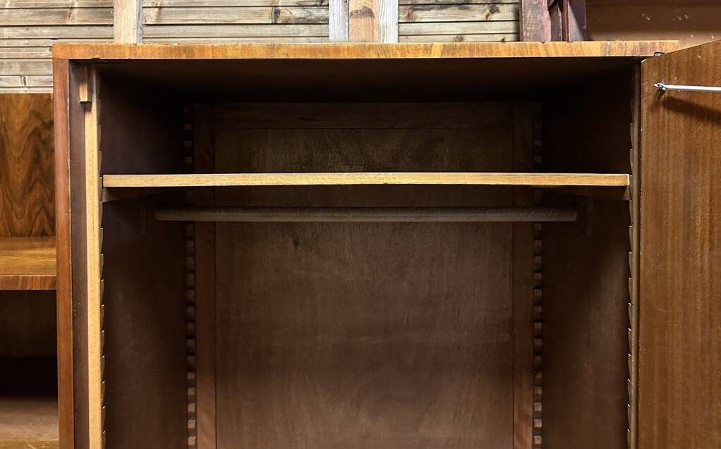 Asymmetrical wardrobe, Art Deco, 1930s walnut burl, wardrobe, shelves, drawers
