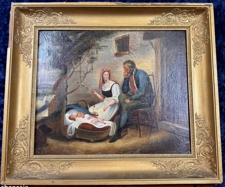 19th century oil painting on canvas: The spinner and the soldier