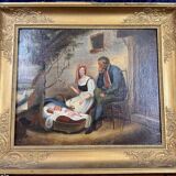 19th century oil painting on canvas: The spinner and the soldier