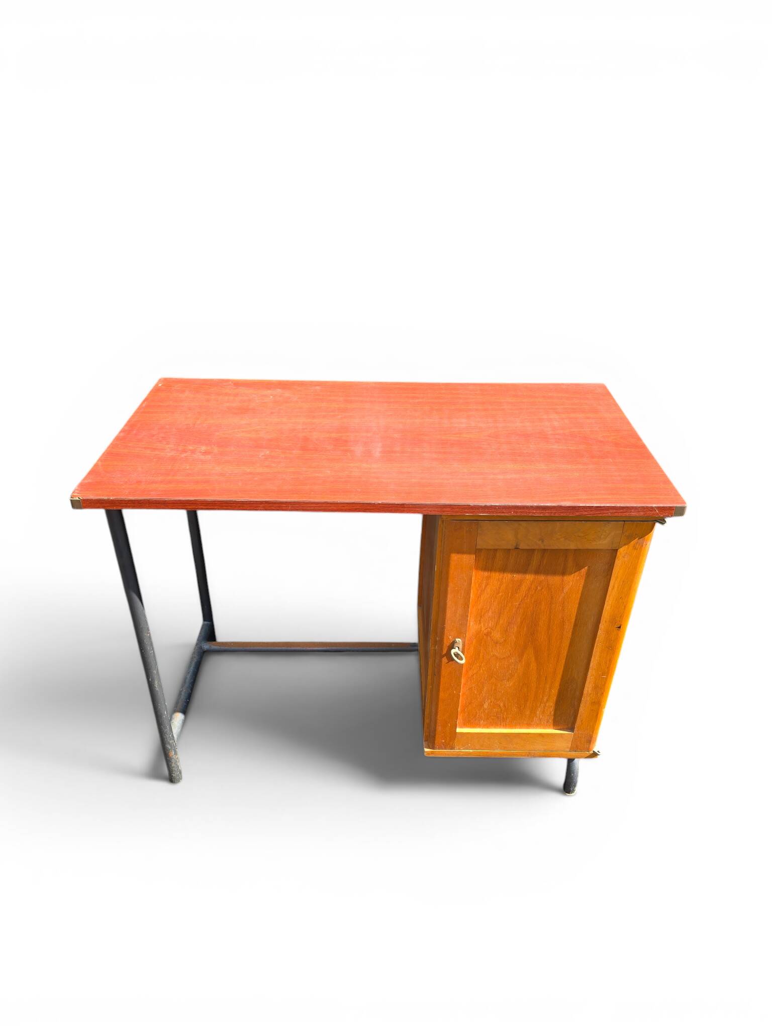 Vintage 1950s desk in red Formica, wood and metal.