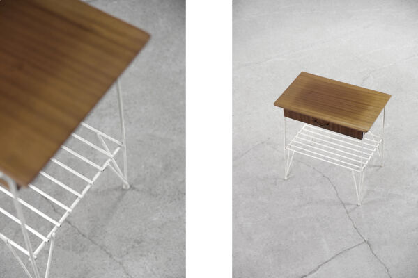 Table de chevet en noyer brun moderne scandinave vintage du milieu du siècle avec pieds en métal blanc, années 1960