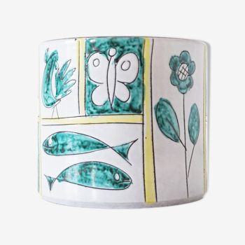 Cache pot en céramique 1960 motif fleur papillon