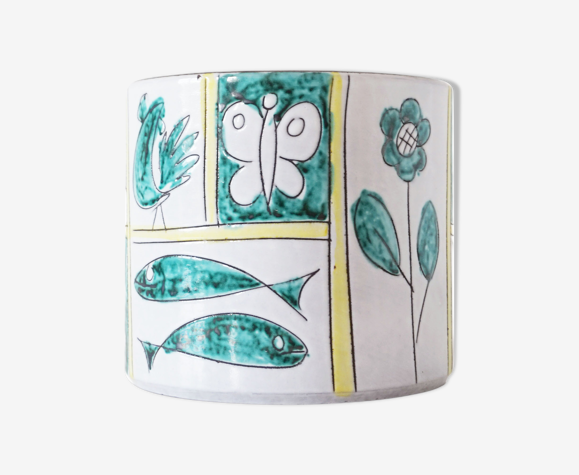Cache pot en céramique 1960 motif fleur papillon