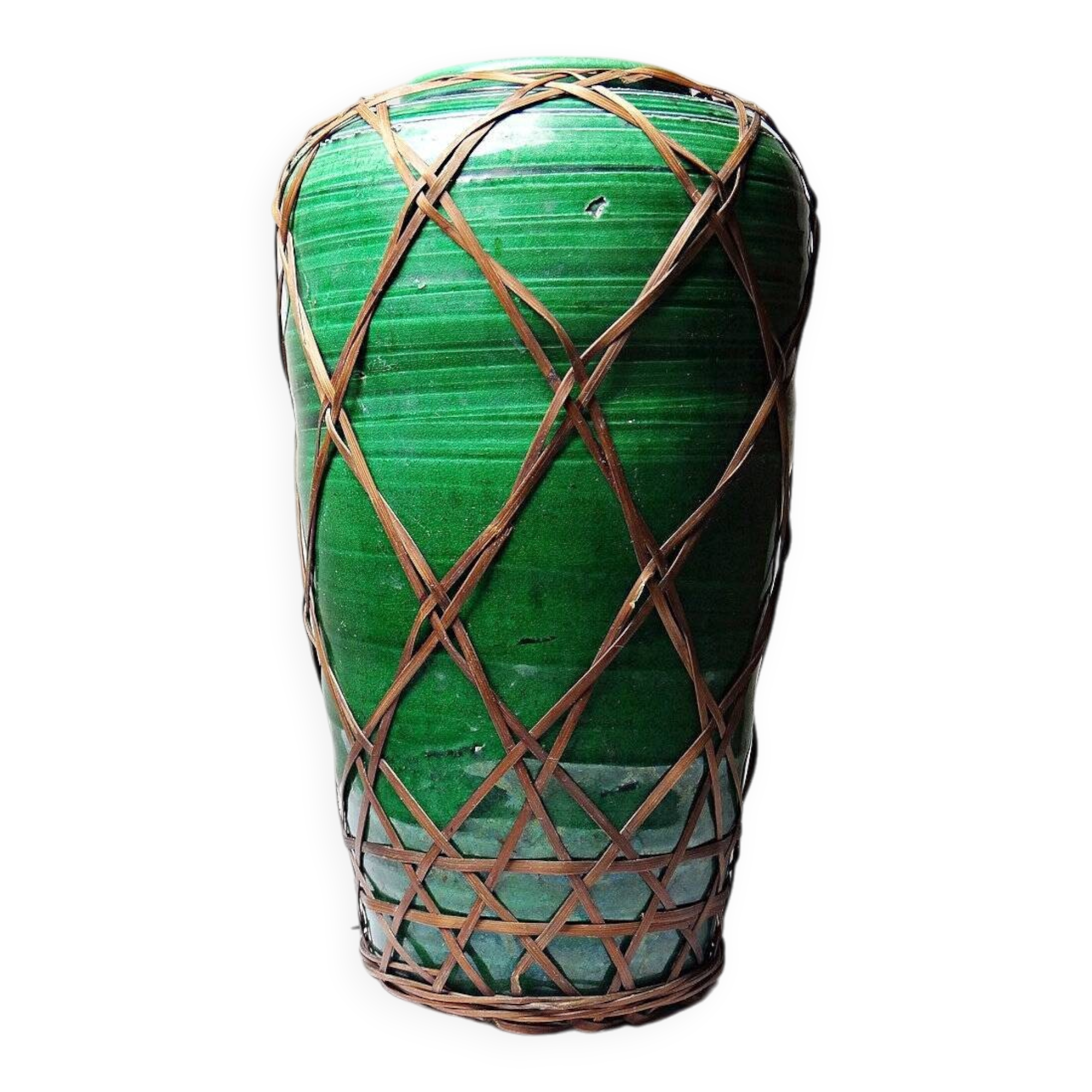 Antique Japanese green ceramic vase with Awaji Yaki bamboo lacing, 1900-1930
