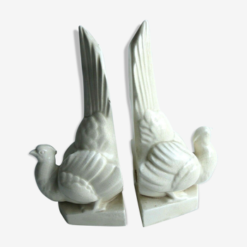 Cracked white ceramic Art Deco book-snables: Birds, Doves