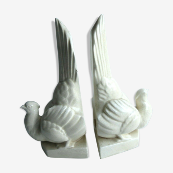 Serre-livres art déco céramique blanche craquelée oiseaux, tourterelles