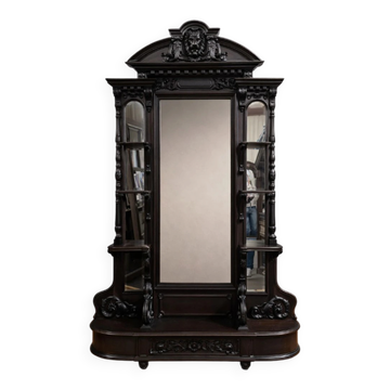 Grand miroir psyché ancien en bois noirci sculpté