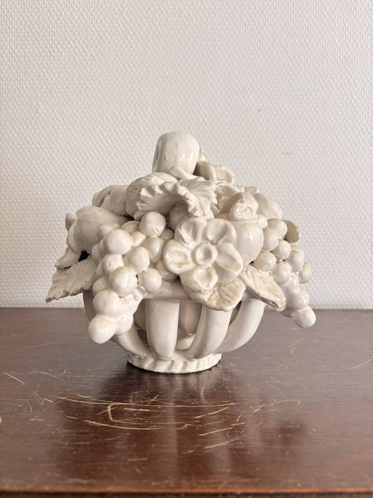 Ceramic Fruit Basket Sculpture Enamelled White 19th Century Malicorne