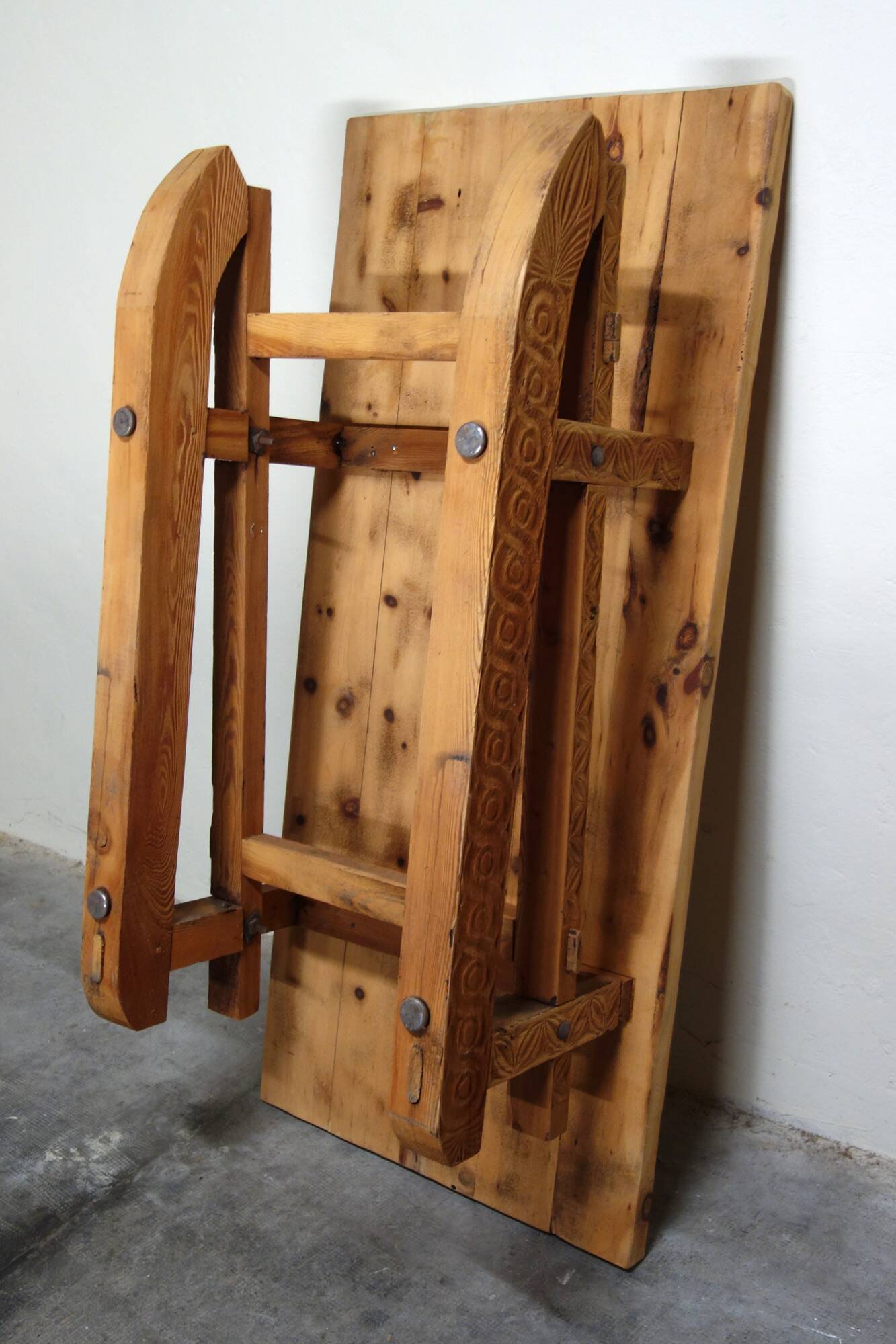 Large 19th century sculpted sled coffee table, folk art, France