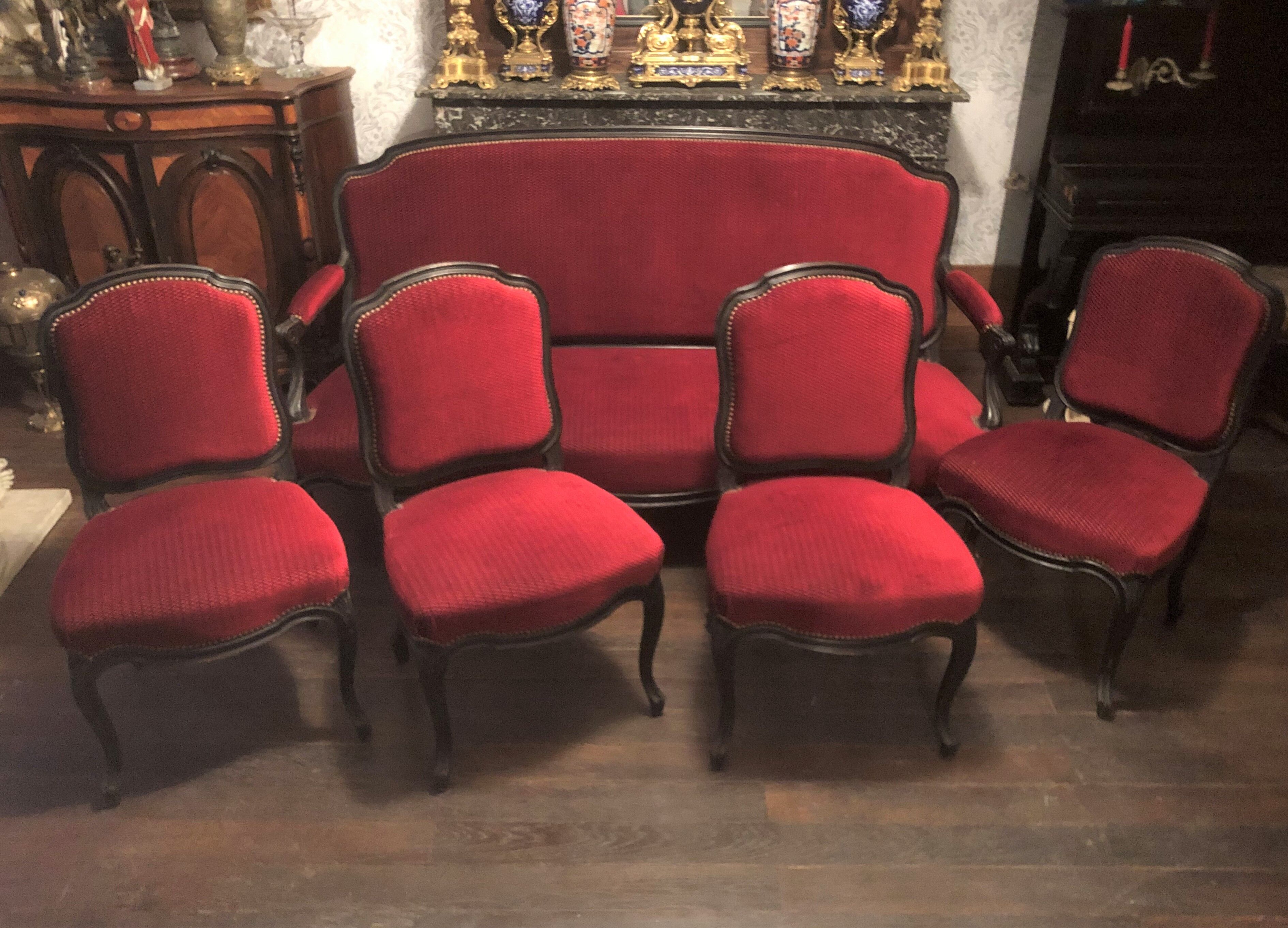 Living room NAPOLEON 3 sofa 3 places + 4 chairs PERFECT STATE blackened wood Red fabric