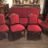 Salon Napoleon III 19 eme canapé 3 places et 4 chaises parfait etat bois noirci tissu rouge