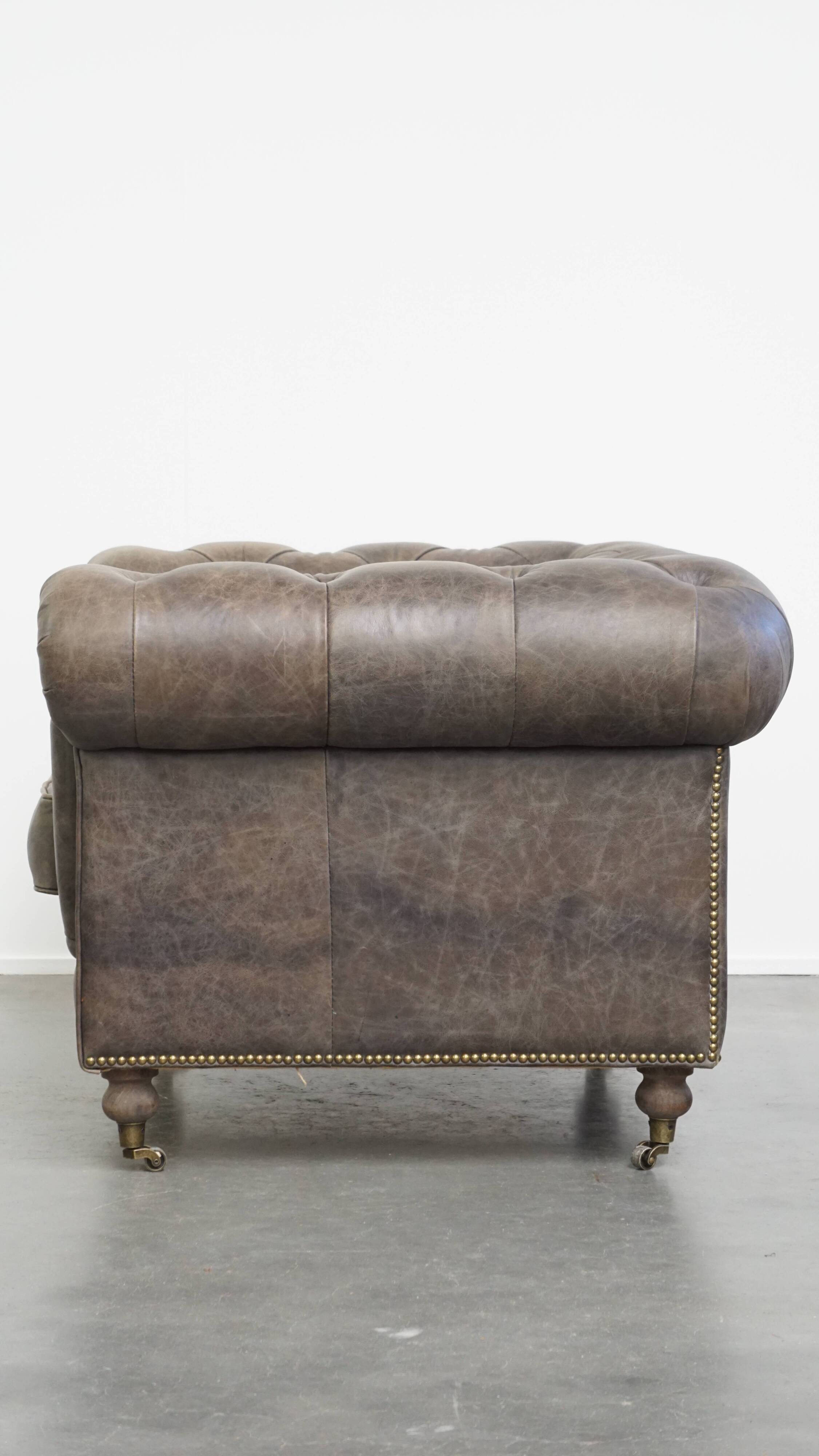 Grey Cowhide Leather Chesterfield Club Armchair in English Style on Casters