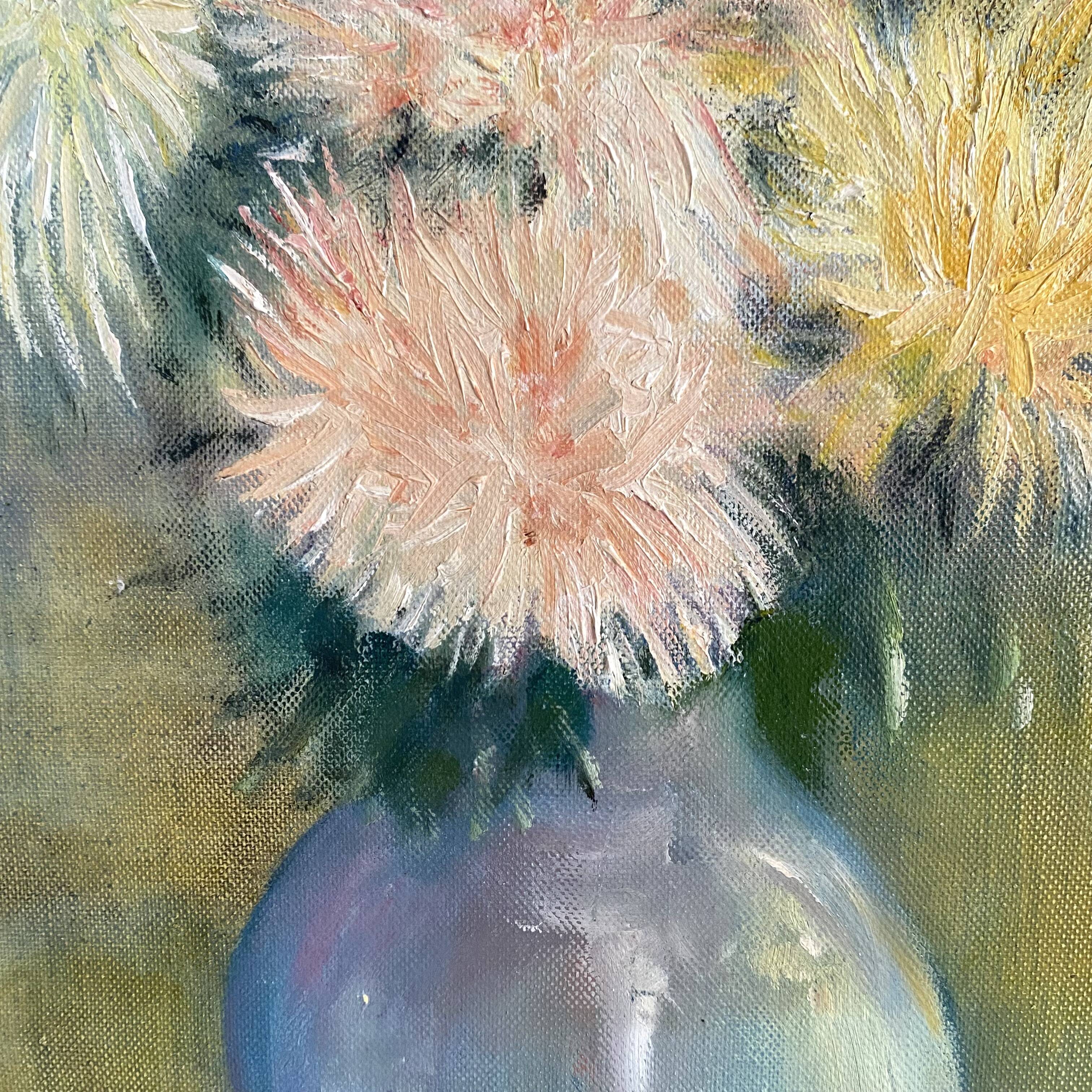 Still life bouquet of chrysanthemums, oil on canvas