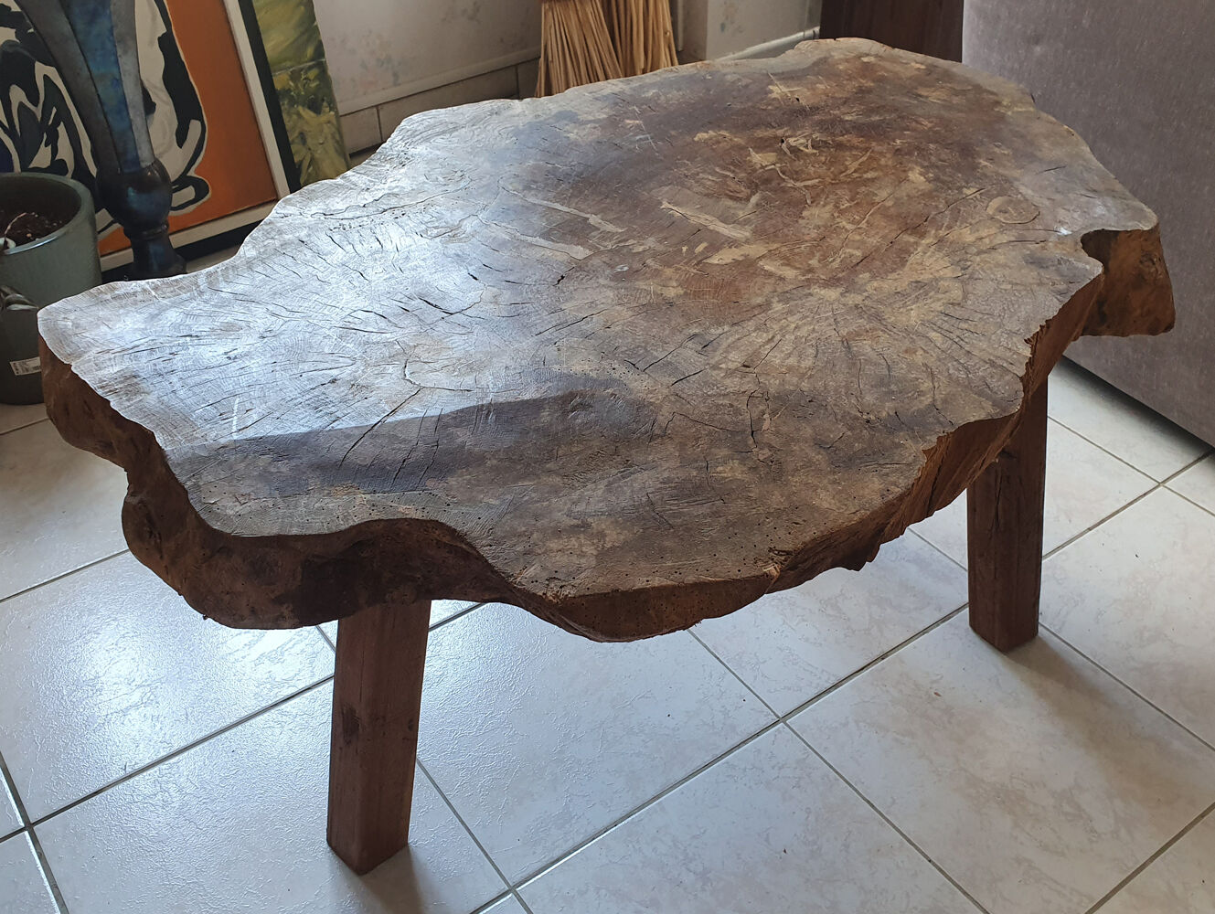 tree trunk table, brutalist, solid oak