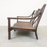 Mid century vintage boho 2-seater sofa with leather cushions