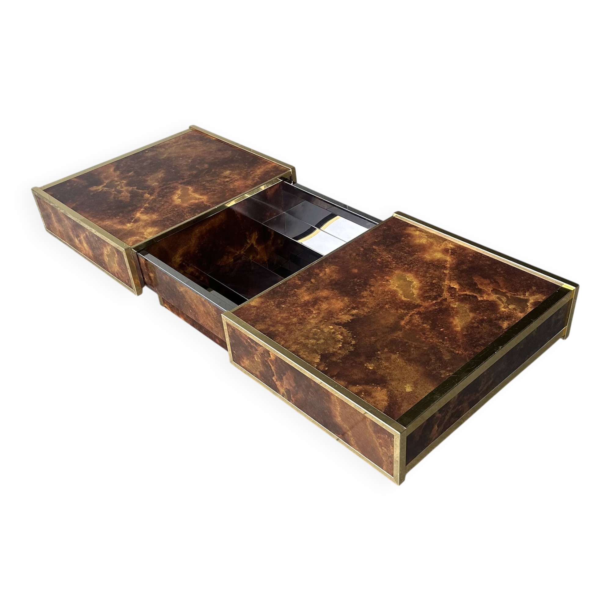 Burl wood and brass metal coffee table with integrated bar by Maison Lancel