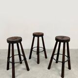 3 tabourets de bar brutaliste en cuir, Espagne 1970