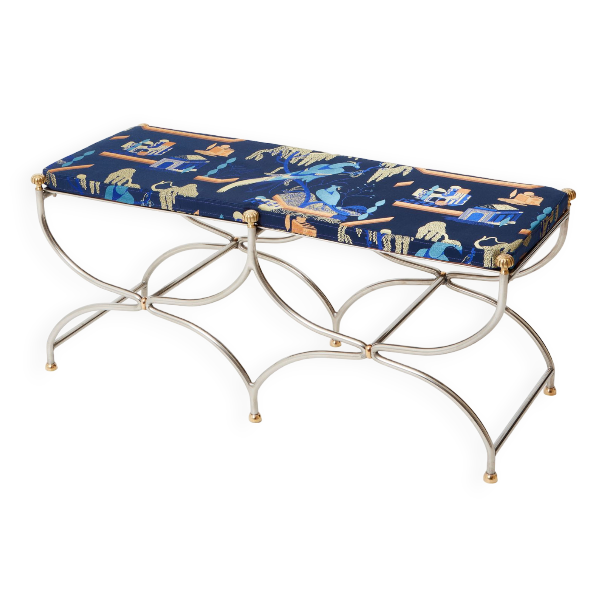 Brass jacquard steel curule bench from Maison Jansen circa 1960