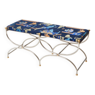 Brass jacquard steel curule bench from Maison Jansen circa 1960