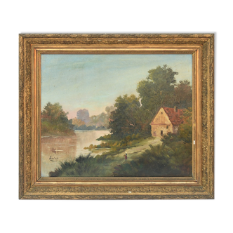 Oil on canvas landscape by the lake