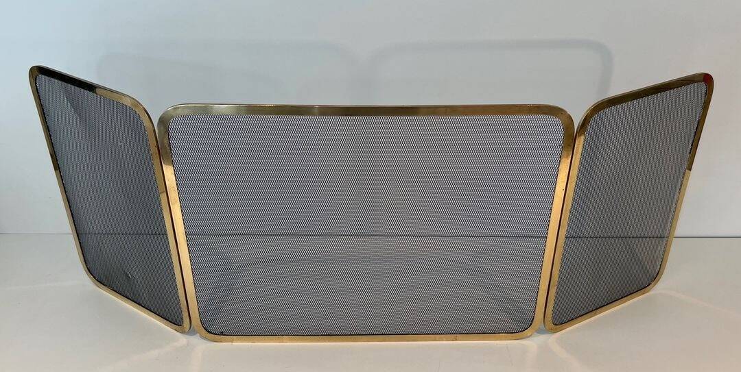 Three-Panel Folding Fire Screen in Polished Brass and Steel Mesh