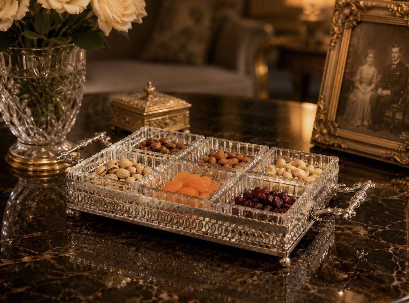 Silver-Plated Tray with Six Cut Glass Dishes, Vintage Entertaining Set