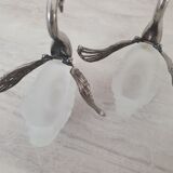 Two frosted glass swan salt cellars with silver plating.