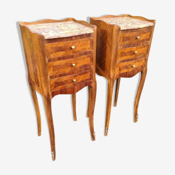 Pair of bedsides style Louis XV marble marquetry