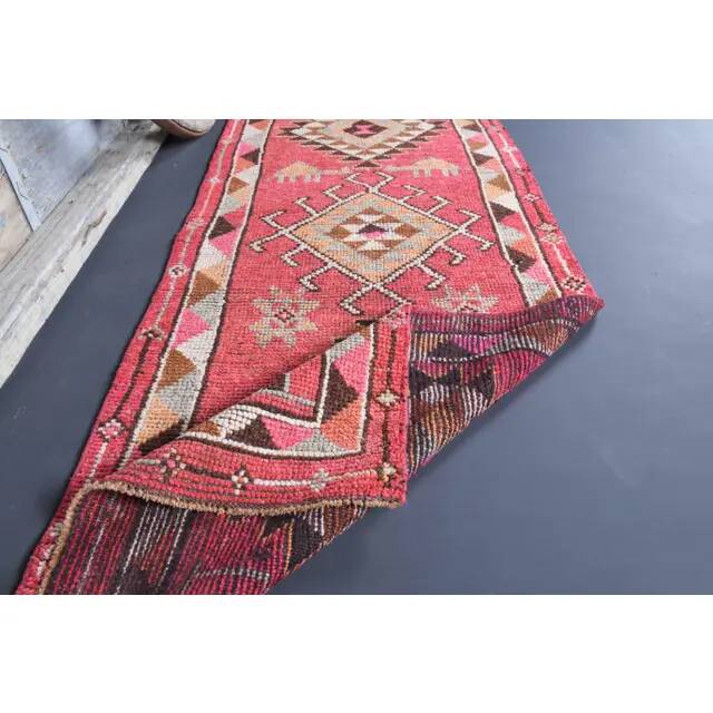 Vintage Turkish Oushak Handmade Wool Cotton Pink Runner Rug 86x362