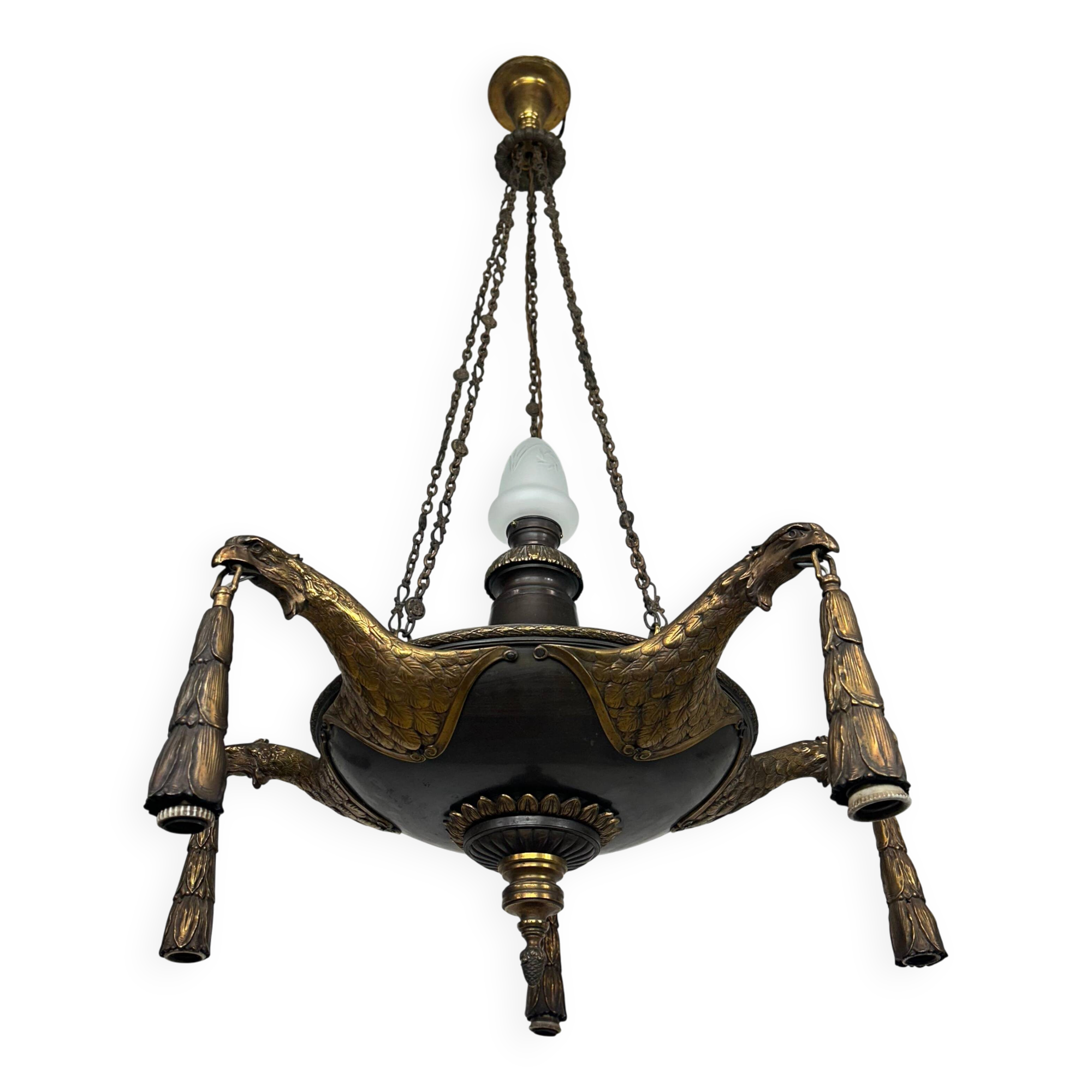 Extraordinary Art Deco chandelier with bronze eagles.