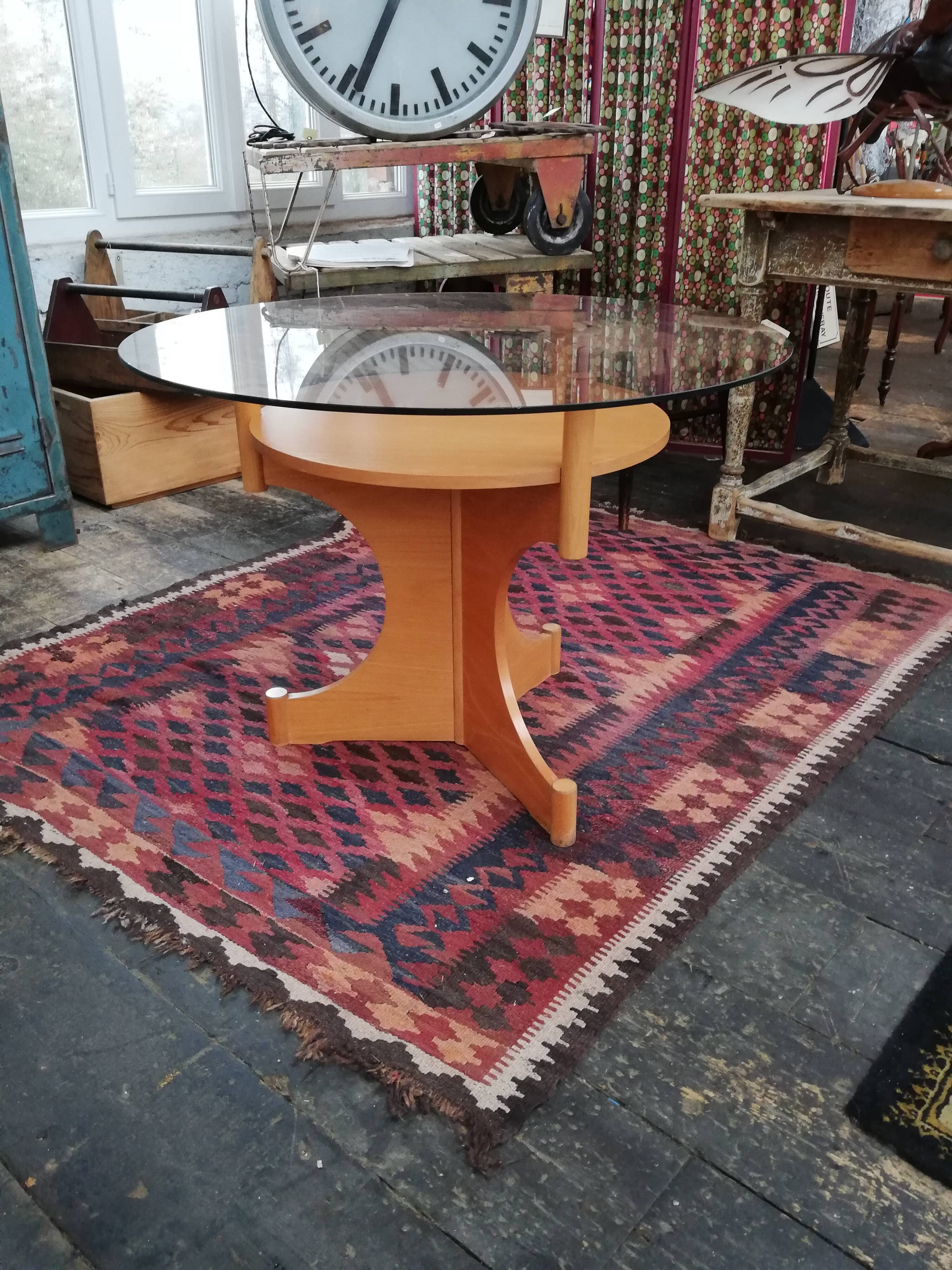 Vintage round wooden table and glass top, Czech, 1960, central leg