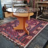 Table ronde vintage en bois et plateau verre, tchèque, 1960, pied central