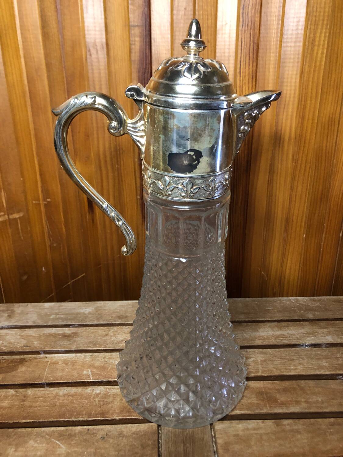 Old Carafe Body Glass Mold + Silver Metal Vintage
