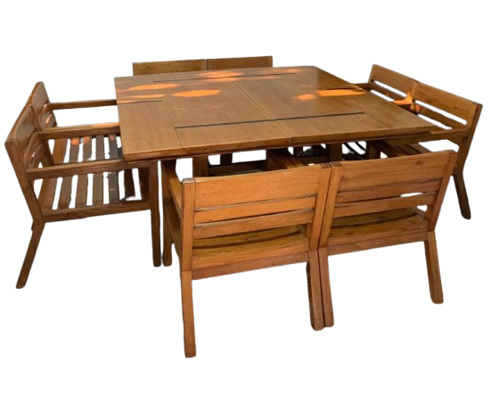 Table and 8 indoor chairs, colonial house, 1990.