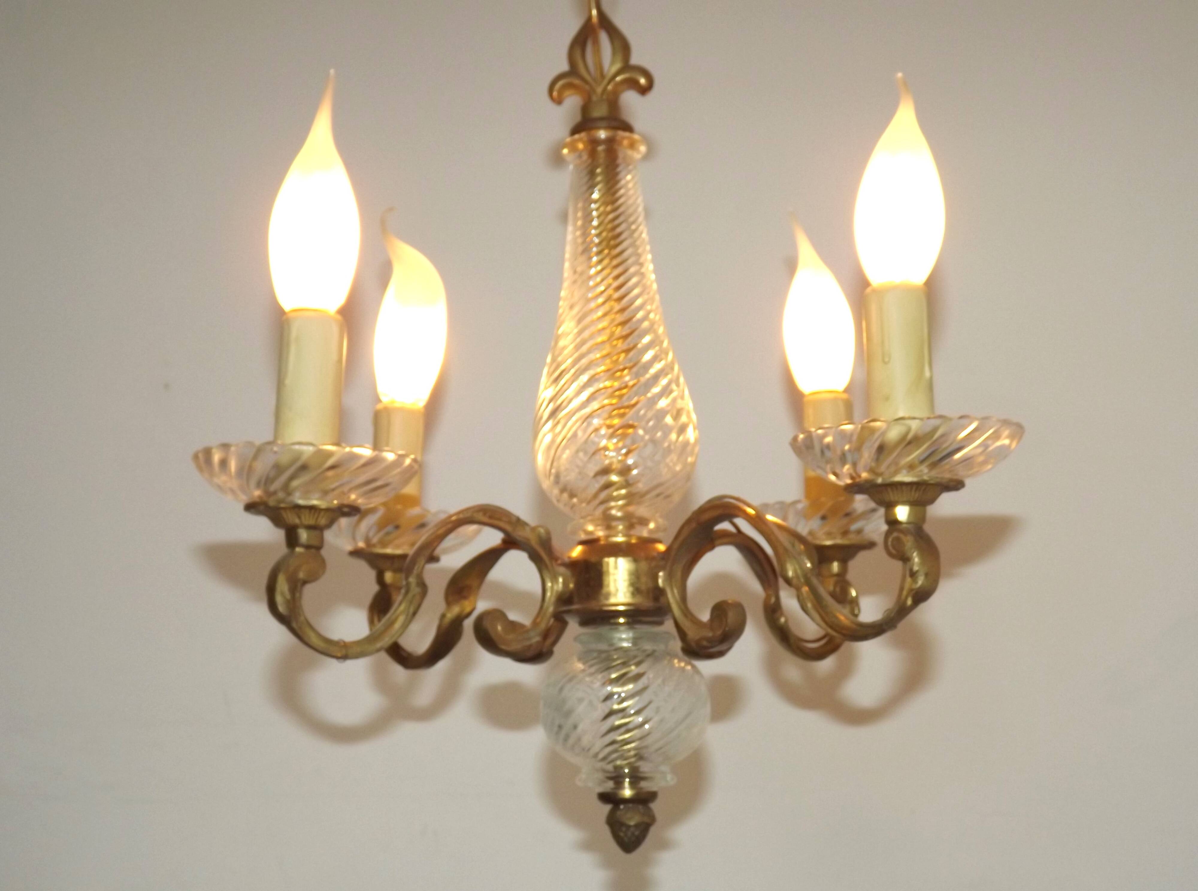 Mid-Century Bronze & Cut Glass 4-Light Chandelier with Fleur-de-Lys Detail