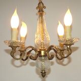 Mid-Century Bronze & Cut Glass 4-Light Chandelier with Fleur-de-Lys Detail