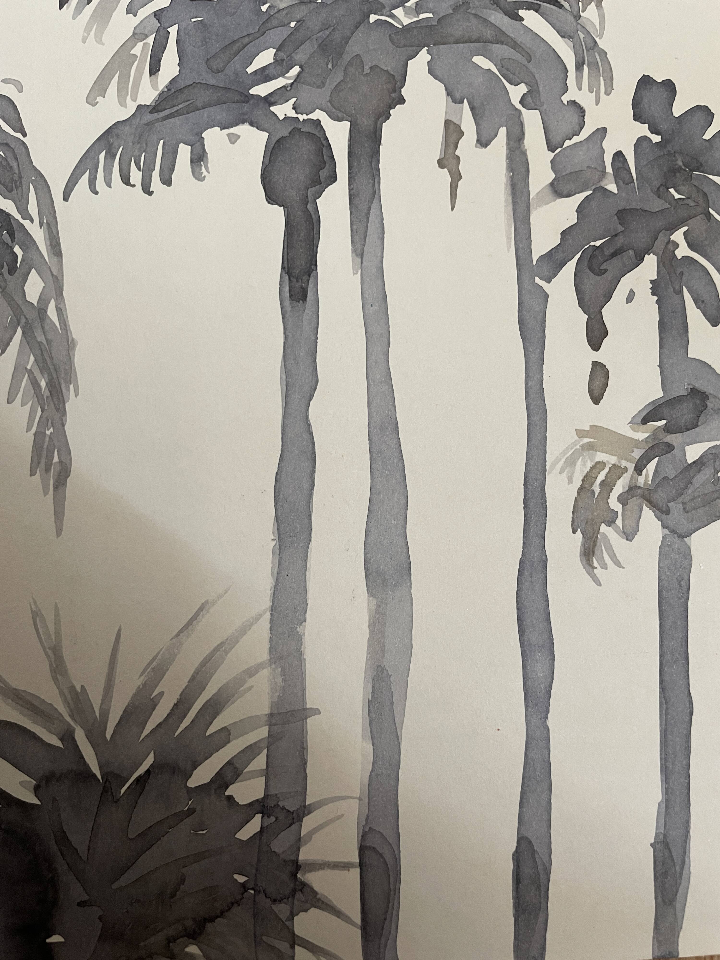 Signed monochrome watercolor painting “sunset over the palm trees”