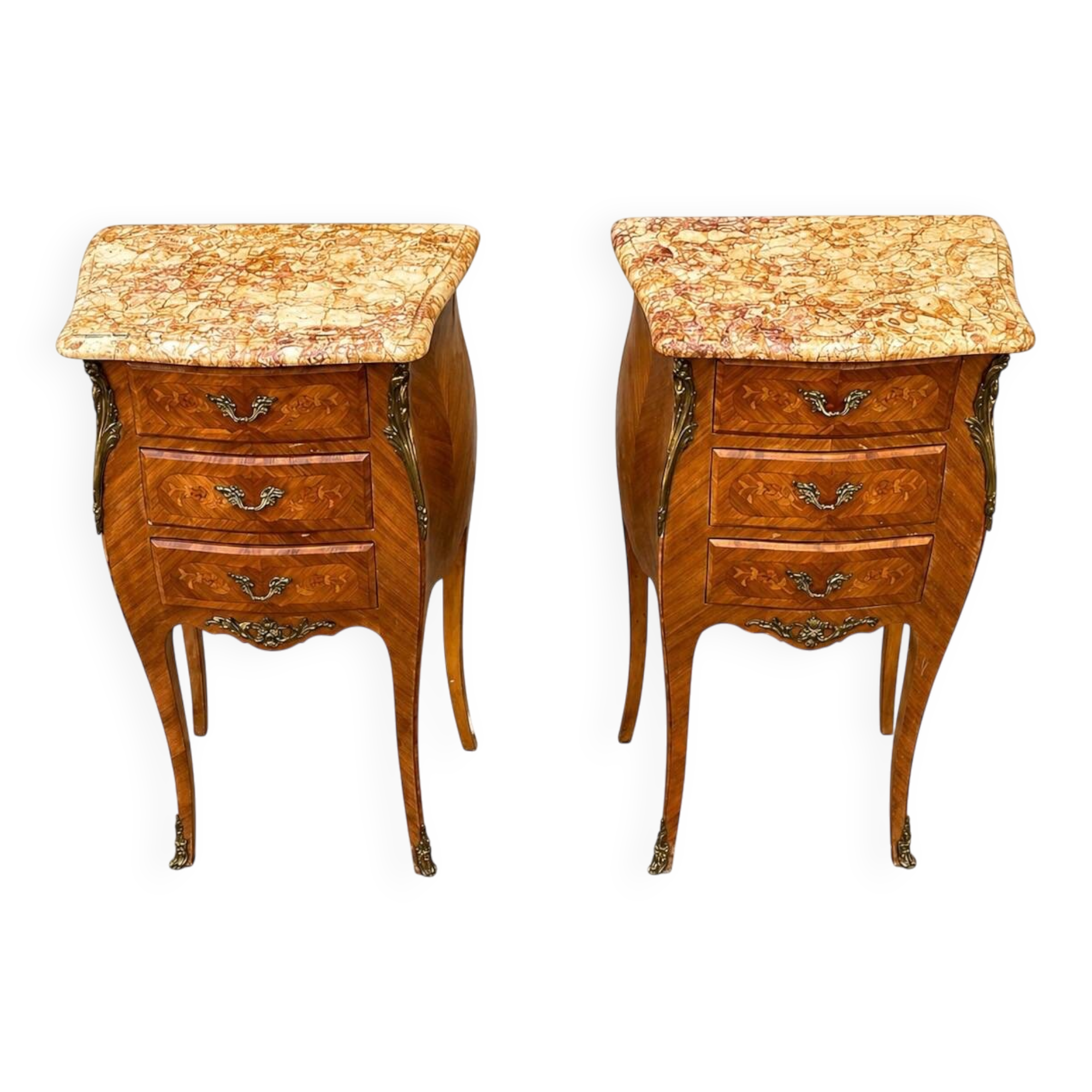 Pair of bedside tables in marquetry – veined marble top – Louis XV style