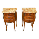 Pair of bedside tables in marquetry – veined marble top – Louis XV style