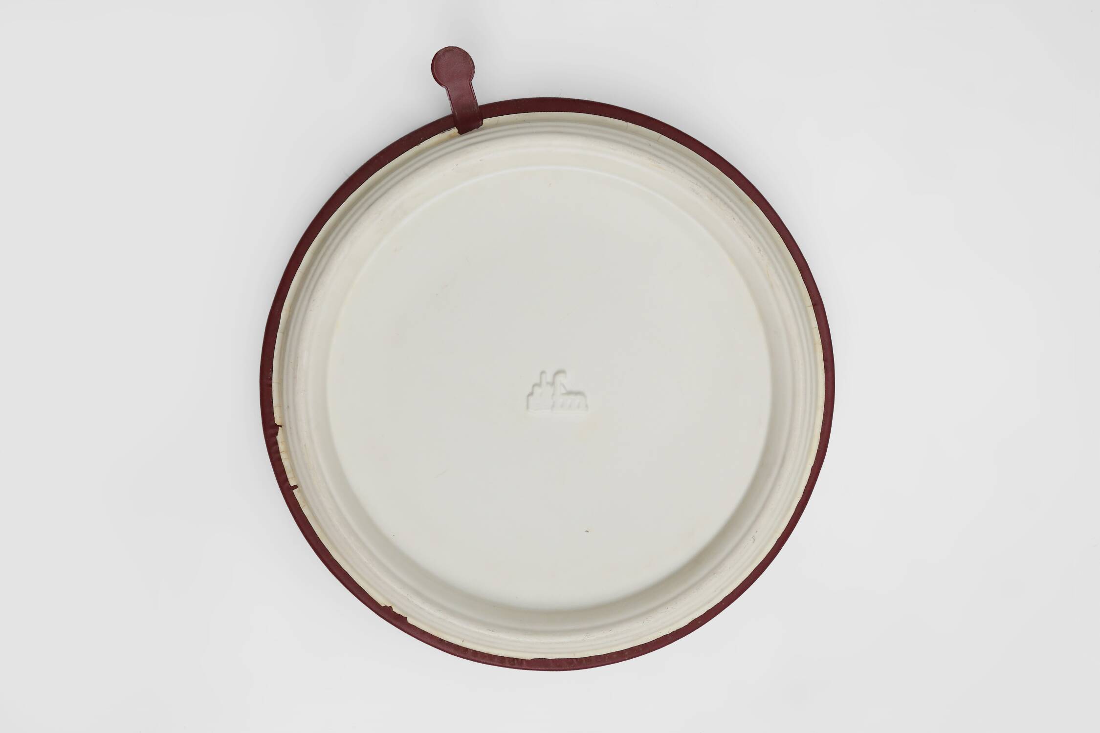 Vintage pouf with storage in dark red faux leather, France ca. 1950