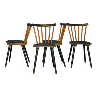 Ensemble de 4 chaises de salle à manger du milieu du siècle avec pieds évasés et revêtement bleu-vert pétrole, 1950-60