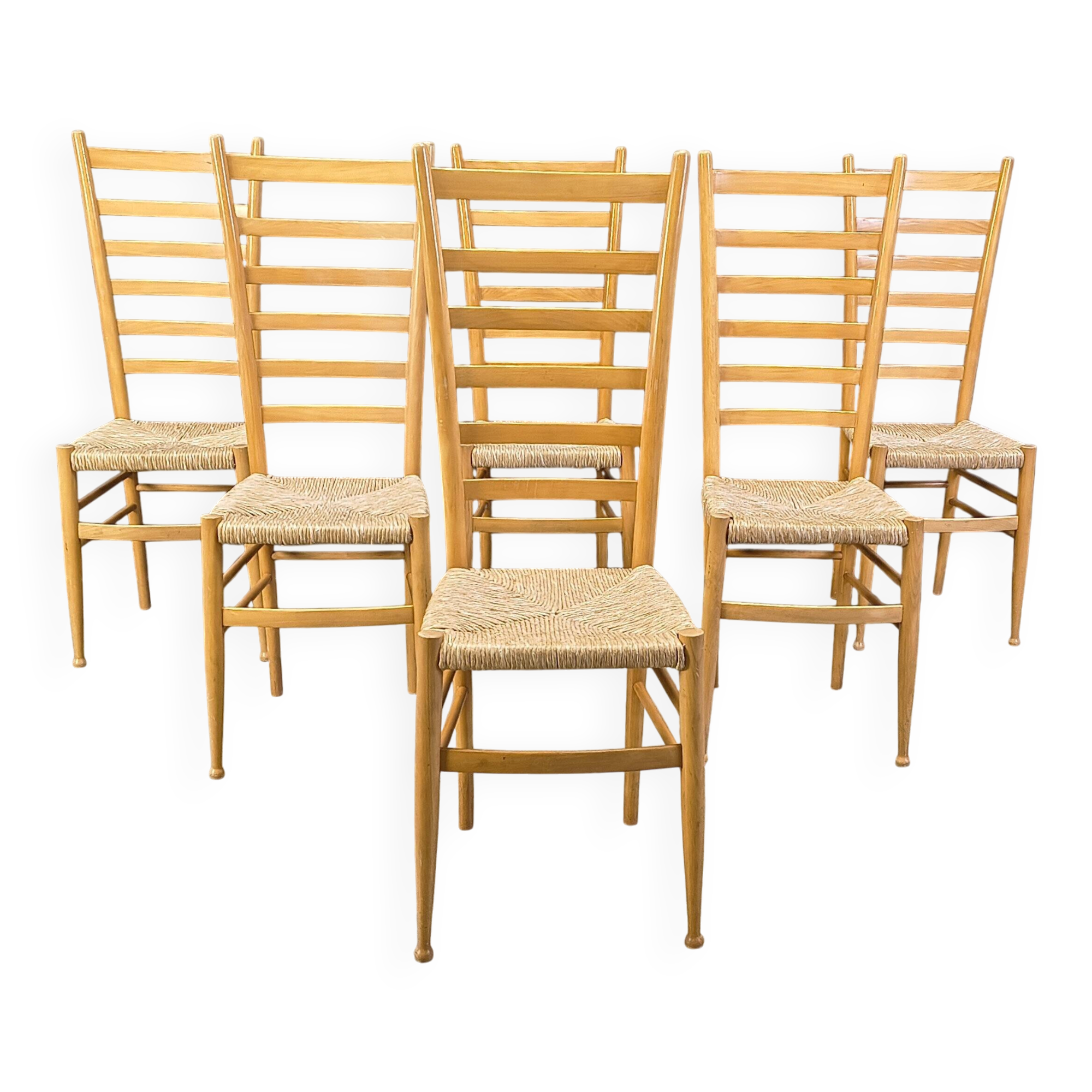 Ensemble de 6 chaises en bois de hêtre à dossier échelle italiennes, années 1970.