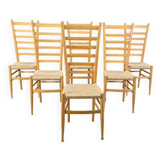 Set of 6 beech wood Italian ladder back chairs, 1970s